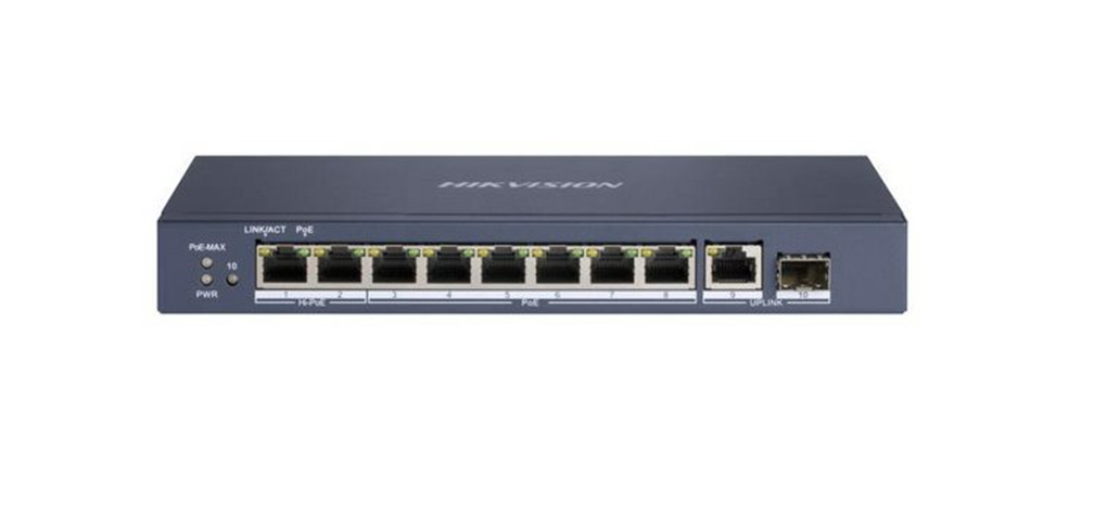 HIKVISION DS-3E0510HP-E, full Gb switch 8x PoE (2x HI-PoE), 1x uplink RJ-45 + 1x uplink SFP, 110W, dosah až 300m