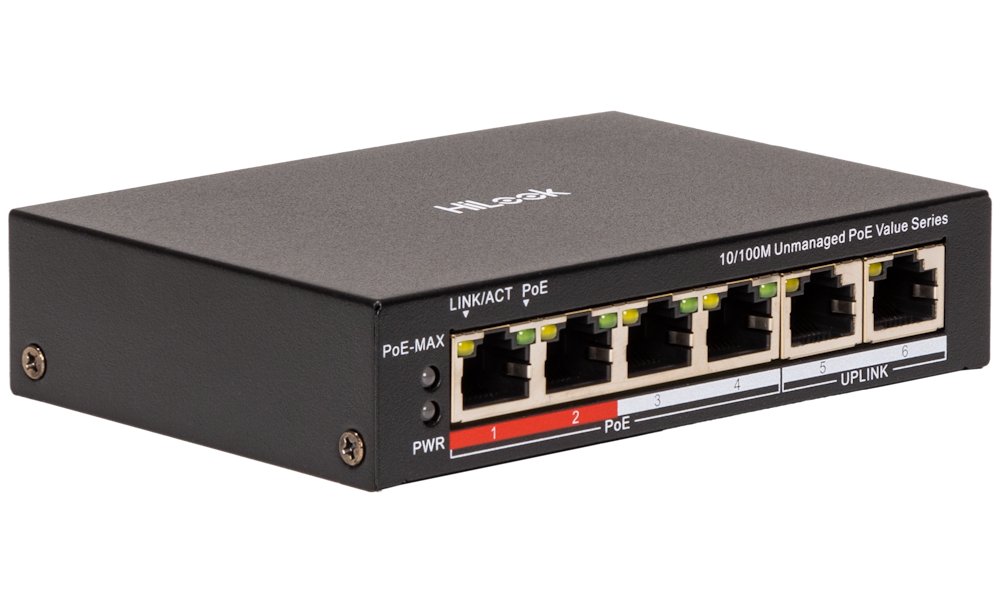 HiLook Powered by HIKVISION switch NS-0106P-45(B)/ 4x port/ 10/100 Mbps RJ45 ports PoE / 2x 100 Mbps uplink 301803814