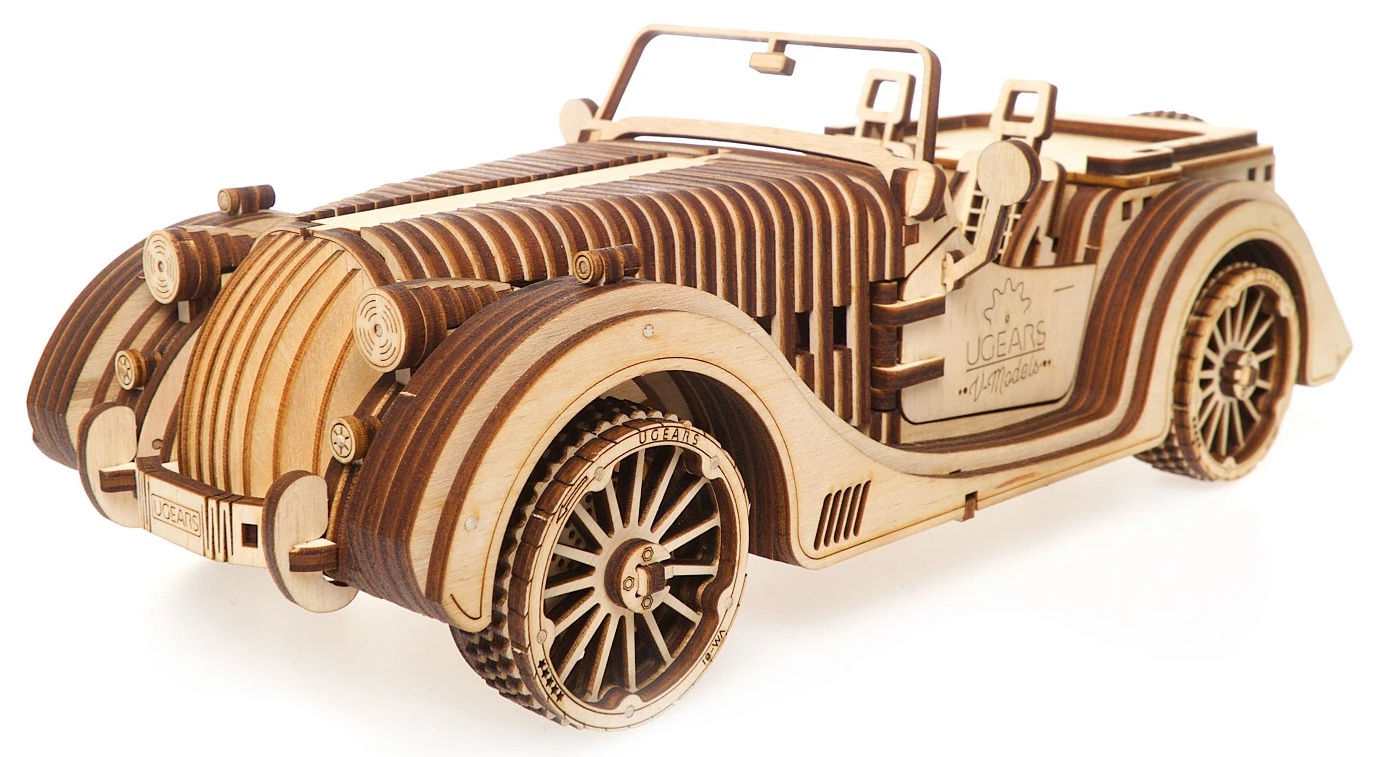 Hračka Ugears 3D dřevěné mechanické puzzle VM-01 Auto (roadster) UG70043