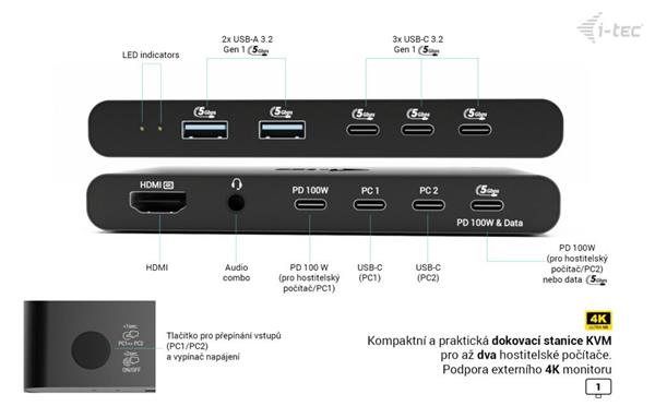 i-tec KVM Docking Station HDMI for 2 hosts, Power Delivery 2x 100W C31KVMHDMIDOCKPD
