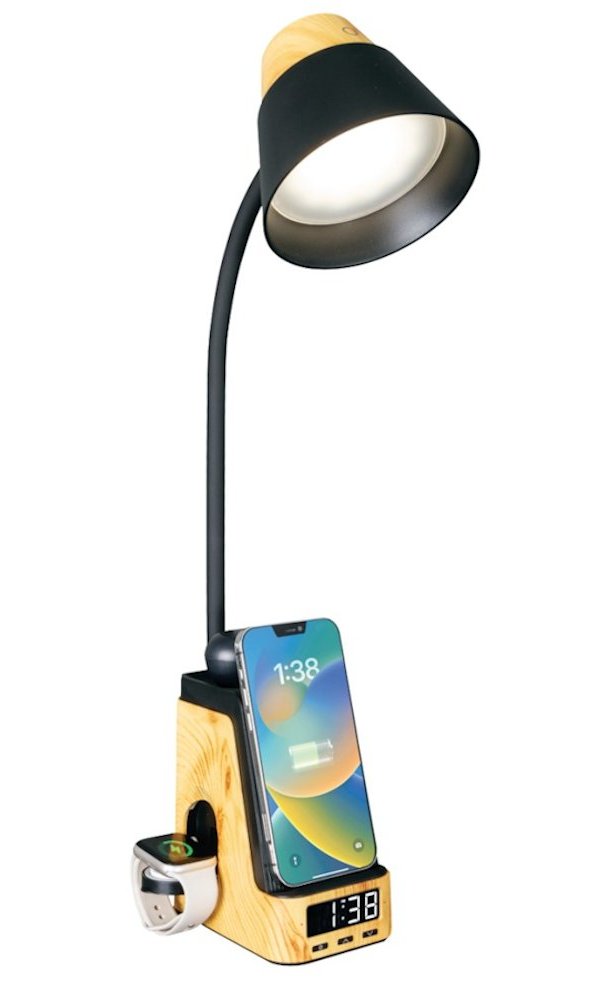 IMMAX LED stolní lampička IDEAL/ Qi nabíjení/ CCT/ 8W/ 800lm/ budík s hodinami/ světlé dřevo/černá 09000L