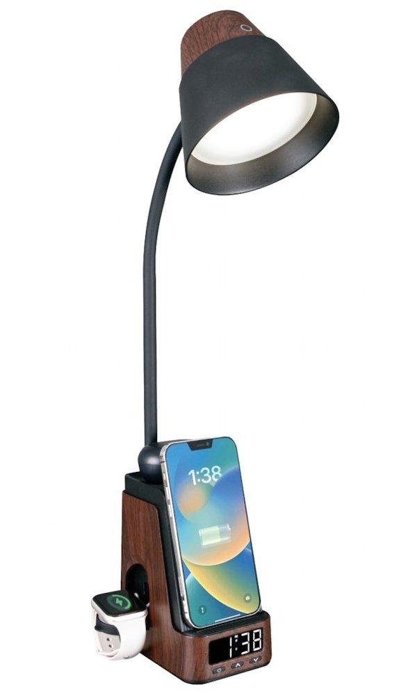 IMMAX LED stolní lampička IDEAL/ Qi nabíjení/ CCT/ 8W/ 800lm/ budík s hodinami/ tmavé dřevo/černá 08999L