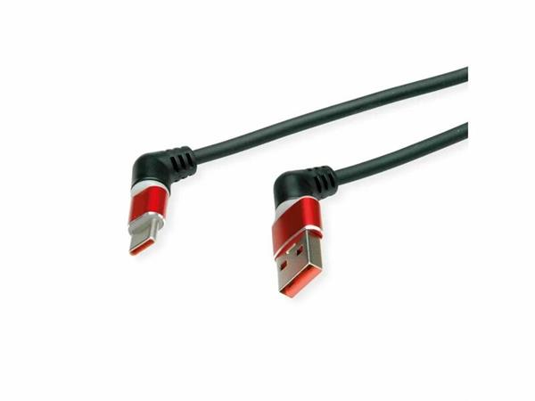 Kábel USB 2.0 AM/CM Typ C 1m, High Speed, čierny/červený, uhľový 90°, otočné konektory 11028345
