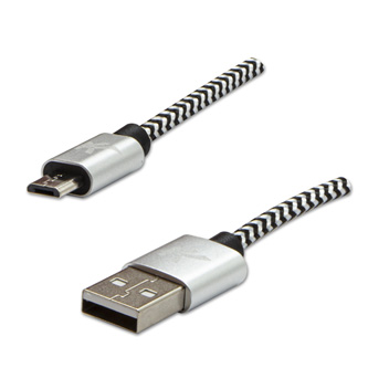 Kábel USB (2.0), USB A M- USB micro B M, 2m, 480 Mb/s, 5V/1A, strieborný, Logo, box, nylónové oplet