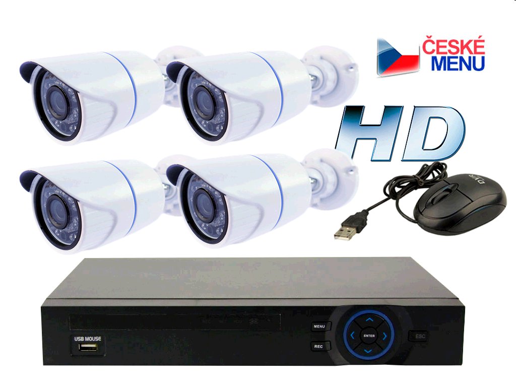 Kamerový set DVR N7904 + 4 N513PS IP kamery , HD obraz + POE napájení, venkovní, bílá IP4CHB