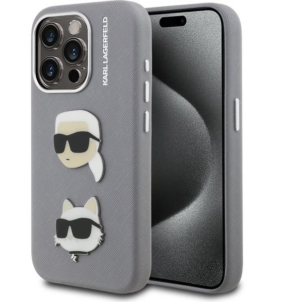 Karl Lagerfeld Grained PU K&CH Heads kryt iPhone 15 Pro šedý 57983125024