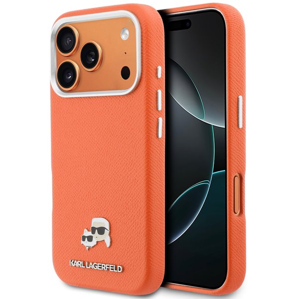 Karl Lagerfeld PU Karl and Choupette Heads Pins MagSafe kryt iPhone 17 Pro Max oranžový 57983128992