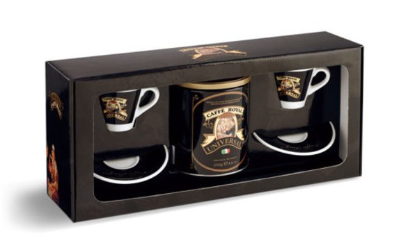 Káva UNIVERSAL ROYAL darčekový set – káva mletá 250g plechovka + 2x šálka espresso 632