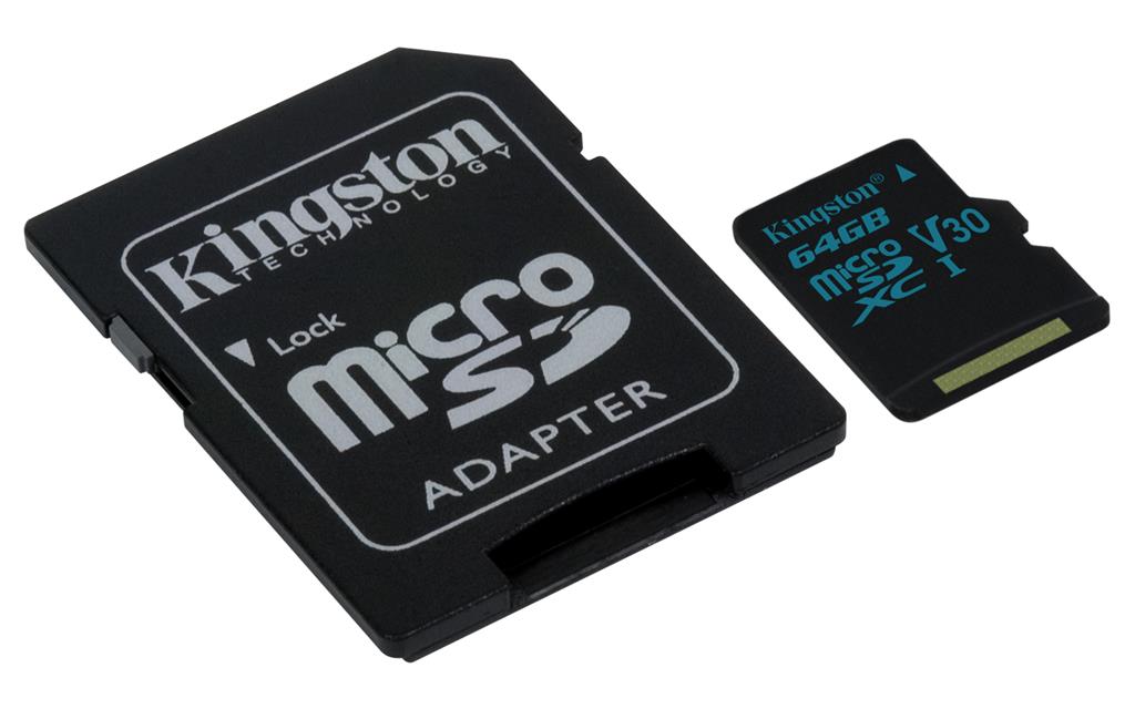 Kingston 64GB microSDXC Canvas Go 90R/45W U3 UHS-I V30 Card + SD Adapter SDCG2/64GB