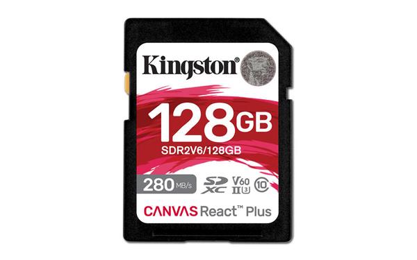 Kingston SDXC karta 128GB Canvas React Plus, UHS-II, U3, V60, R:280/W:100MB/s SDR2V6/128GB