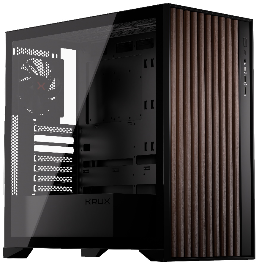 Krux skříň Palum / ATX / 2x120 mm fan / 2xUSB 2.0 / USB-C / dřevěné elementy / temperované sklo / černá KRXD008