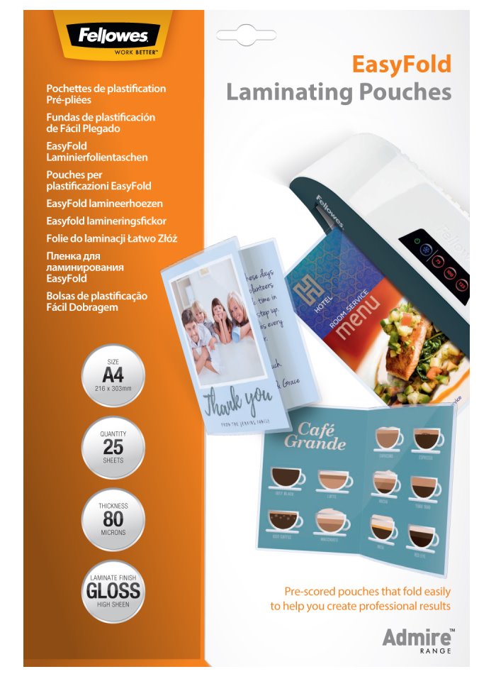 Laminovací fólie Fellowes A4 80 mic lesklé snadné složení (25ks) lampofela4080efold