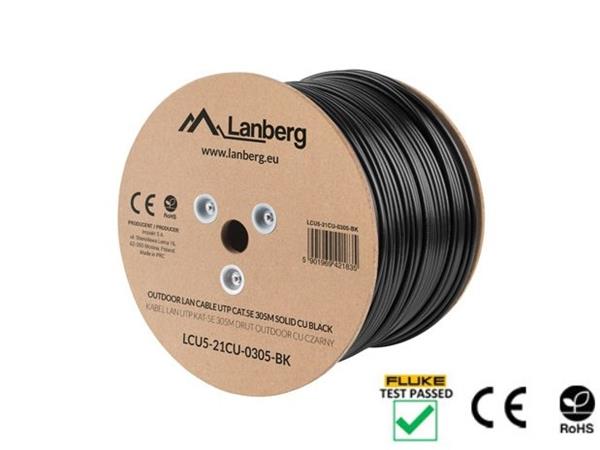 LANBERG LAN KABEL CAT.5E UTP 305M PEVNÝ VENKOVNÍ CU ČERNÝ FLUKE PASS LCU5-21CU-0305-BK