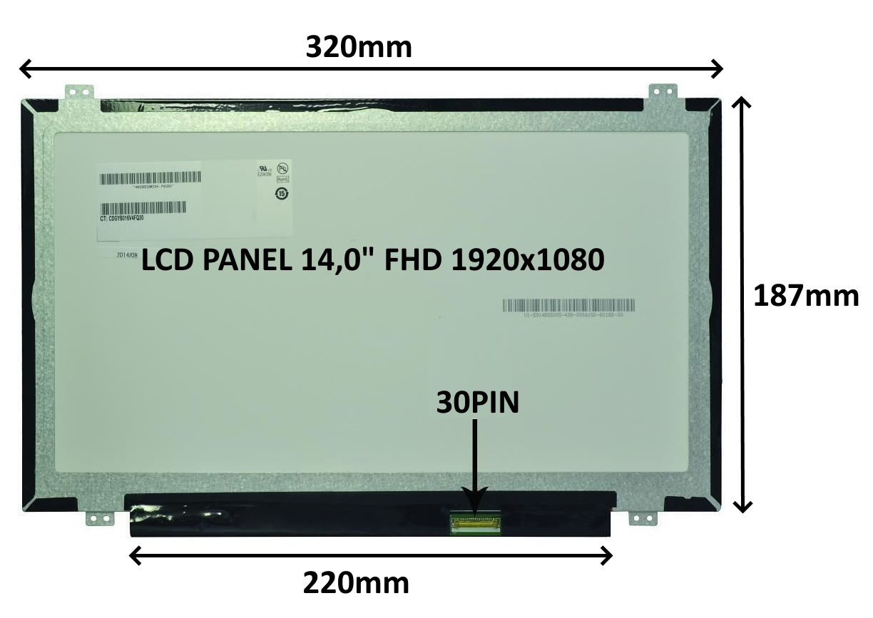LCD PANEL 14,0" FHD 1920x1080 30PIN MATNÝ IPS / ÚCHYTY NAHOŘE A DOLE 77047414