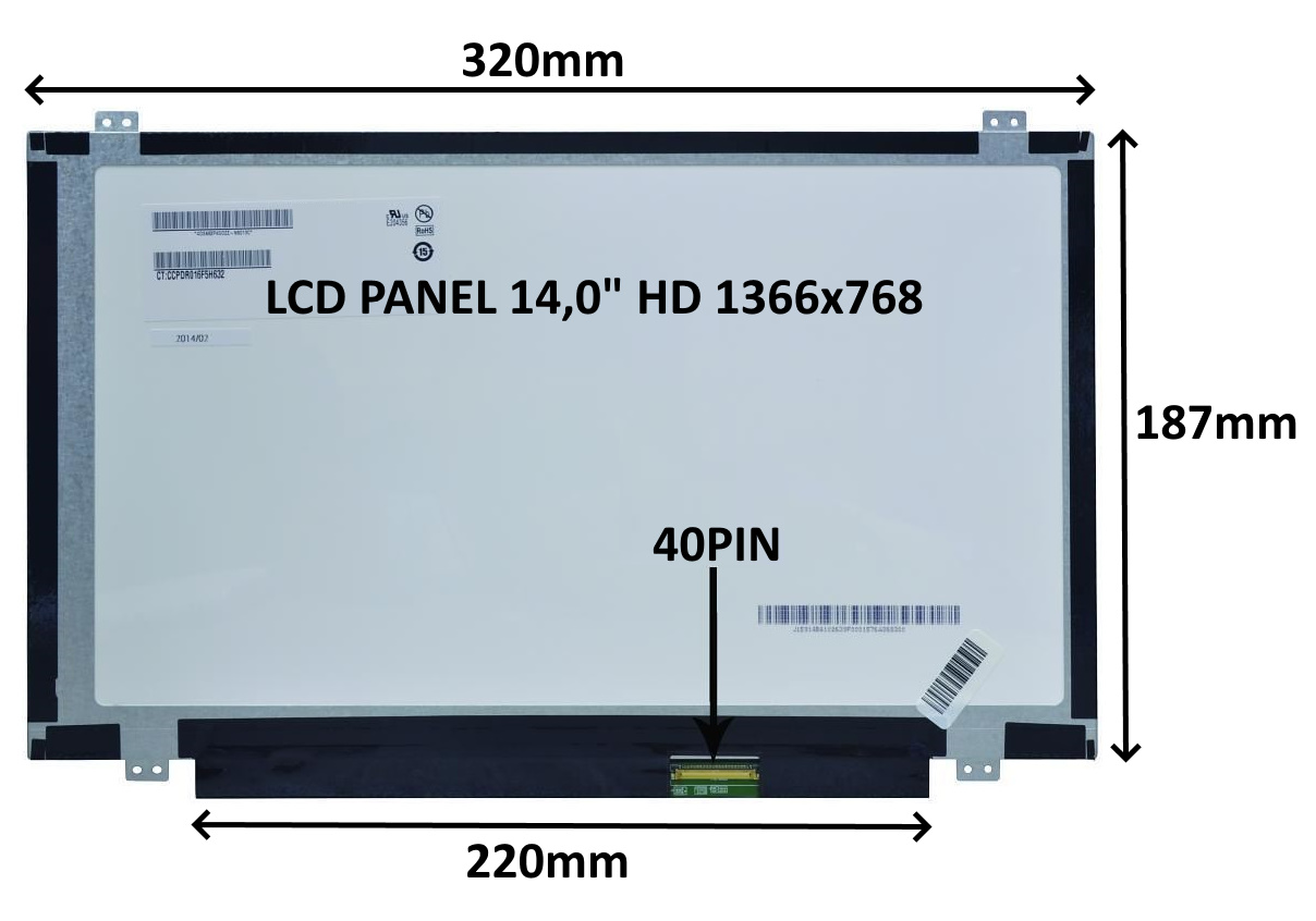 LCD PANEL 14,0" HD 1366x768 40PIN MATNÝ / ÚCHYTY NAHOŘE A DOLE 77044410
