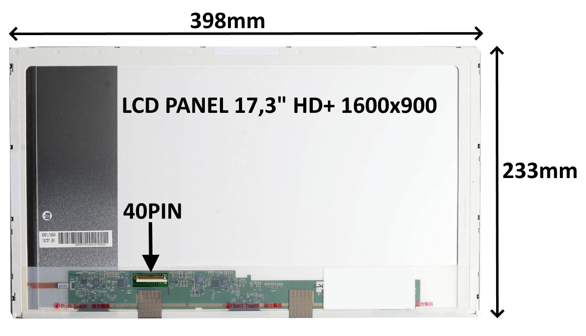 LCD PANEL 17,3" HD+ 1600x900 40PIN LESKLÝ / ŠROUBOVÁNÍ Z BOKŮ 77044047