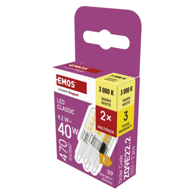 LED žiarovka Classic JC / G9 / 4,2 W (40 W) / 470 lm / teplá biela/ 2 ks 8592920151839
