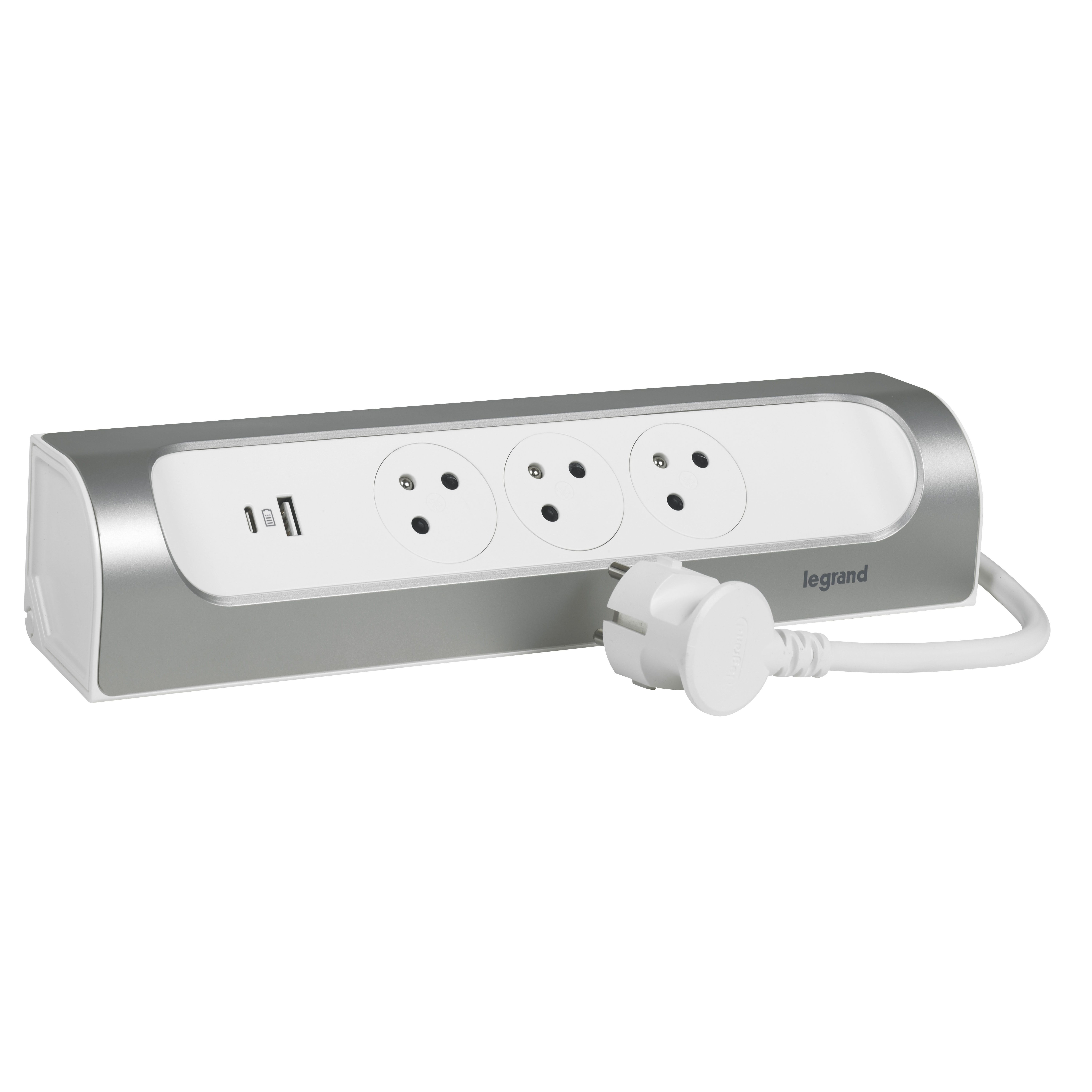 Legrand Predlžovačka rohová 3x2P+T USB A+C 1M kábel biela/hliník 049406
