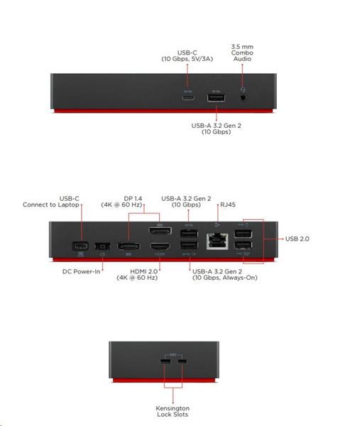 Lenovo ThinkPad USB-C Dock - PD100W (2x DP, 1x HDMI, RJ45, 1x USB-C, 5x USB) max. 3x LCD 40AY0135EU