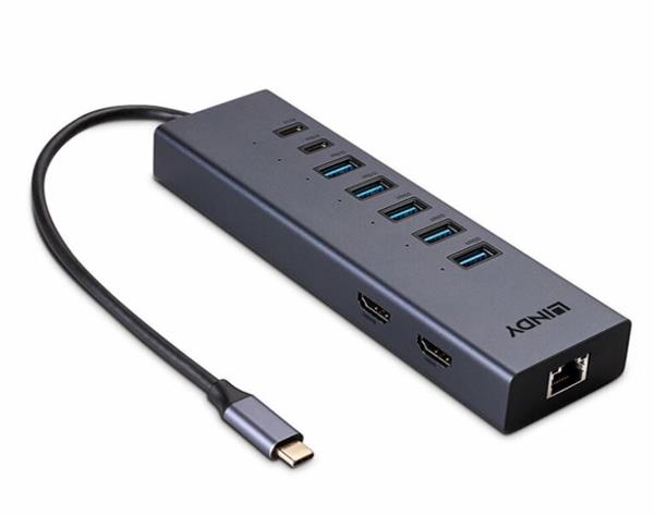 Lindy Dokovacia Stanica USB 3.1 Typ C, 2xHDMI (Dual Display), 5xUSB A 2x USB C, LAN, (PD 3.0 100W), 0.22m L43373