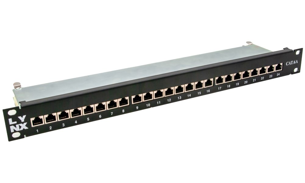 LYNX Patch panel 19", 24 portů, Cat6a, stíněný, černý XL-PP19-24C6AS-LY-BLACK