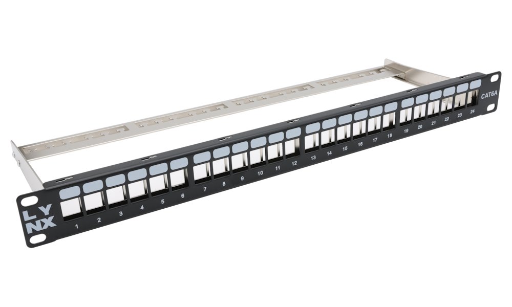 LYNX Patch panel 19", 24 portů, neosazený, stíněný, černý, Cat5e/6/6A/7, vyvazovák PP19-24NS-LYNX