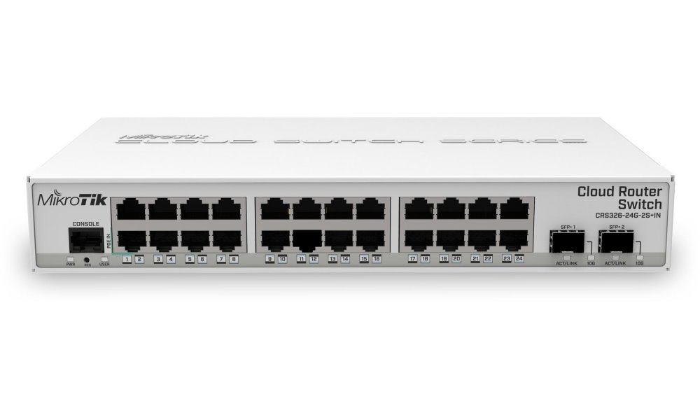 MikroTik Cloud Router Switch CRS326-24G-2S+IN 800MHz CPU, 512MB, 24x GLAN, 2x SFP+ cage, ROS L5, PSU