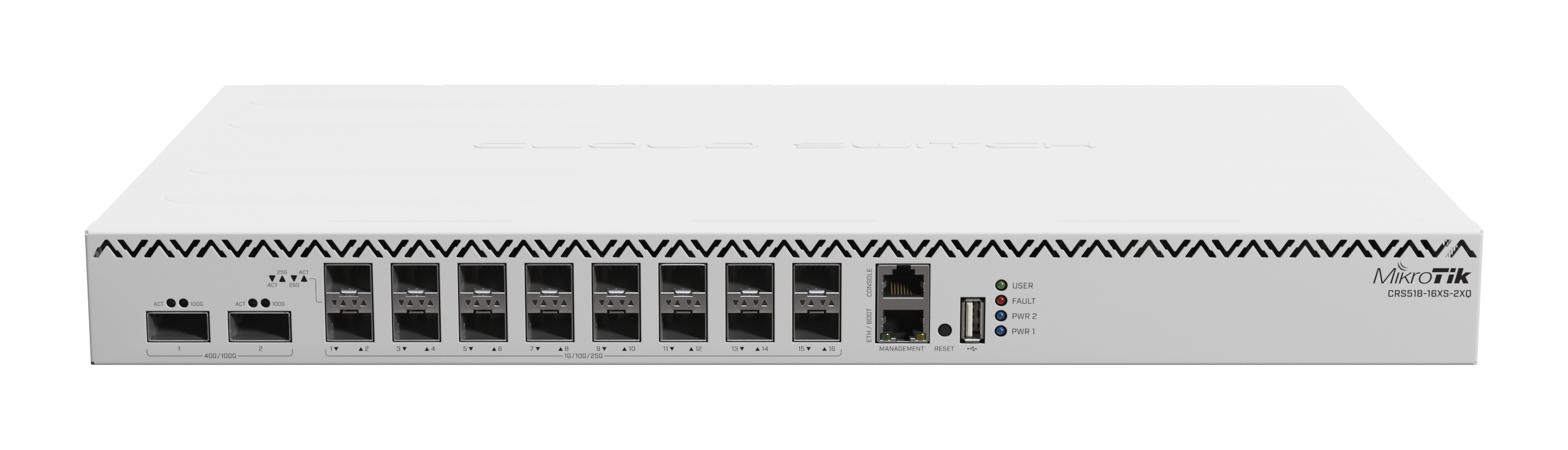 Mikrotik Cloud Switch CRS518-16XS-2XQ-RM, 650 MHz CPU, 64 MB RAM, 1x LAN, 2x QSFP28, 16x SFP28, 2x PSU, L5