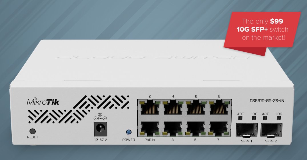 Mikrotik managed Switch CSS610-8G-2S+IN/ 8x Gbit port/ 2x 10G SFP+/ SwOS/ zdroj