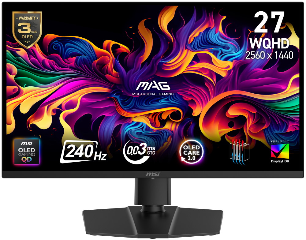 MSI Gaming MAG 271QP QD-OLED X24/ 26,5"/ 2560 x 1440/QD-OLED/ 0,03ms/ 240Hz/ 1000cd/m2/ 1500000:1/ HDMI/ DP/ černý