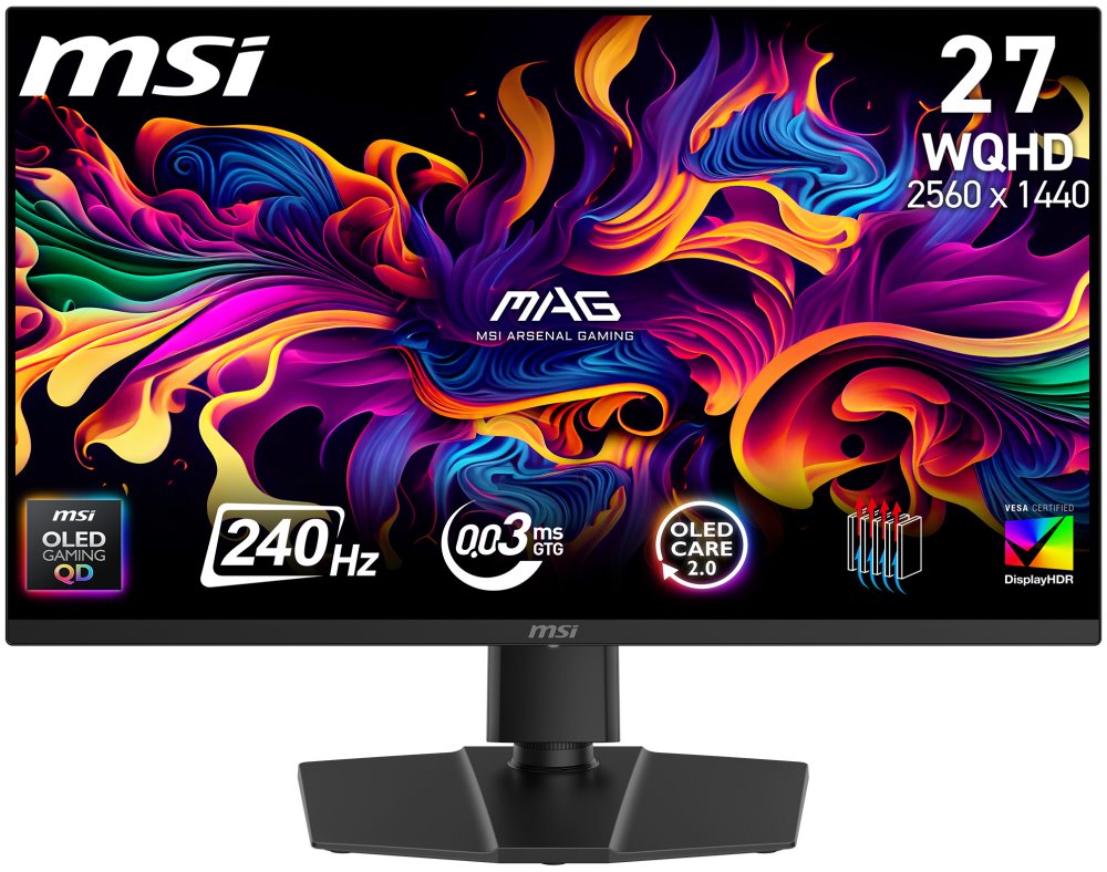 MSI Gaming MAG 273QP QD-OLED X24/ 26,5"/ 2560x1440/ OLED/ 0,03ms/ 240Hz/ 250cd/m2/ 1500000:1/ HDMI/ DP/ VESA/ černý