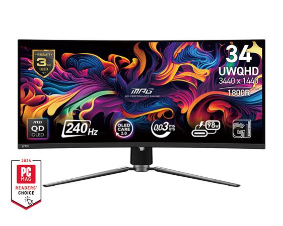 MSI Gaming monitor MPG 341CQPX QD-OLED, 34,18" QD-OLED zakřivený/3440x1440 (UWQHD)/240Hz/0,03ms/2xHDMI/DP/USB-A,B,C/Výš