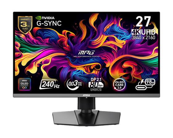 MSI MPG 272URX QD-OLED,26,5" QD-OLED/4K 3840x2160/ 240Hz/0,03ms/2x HDMI/DP/USB-A,B,C/Výškově nastavitelný/Pivot/černá