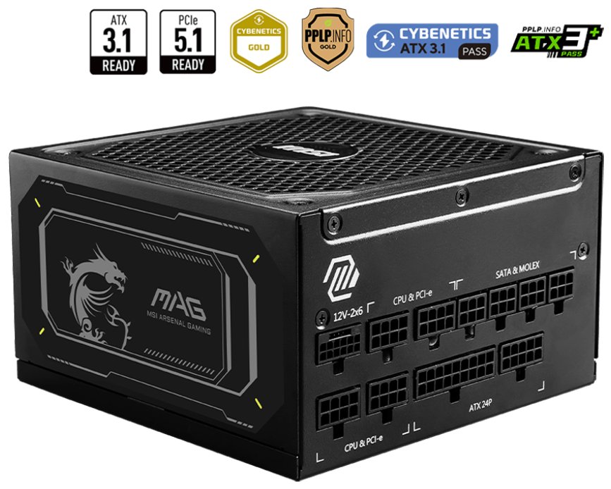 MSI zdroj MAG A1000GL PCIE5 II/ 1000W/ ATX3.1/ akt. PFC/ 7 let celk. záruka/ 135mm fan/ modulární kabeláž/ 80PLUS Gold