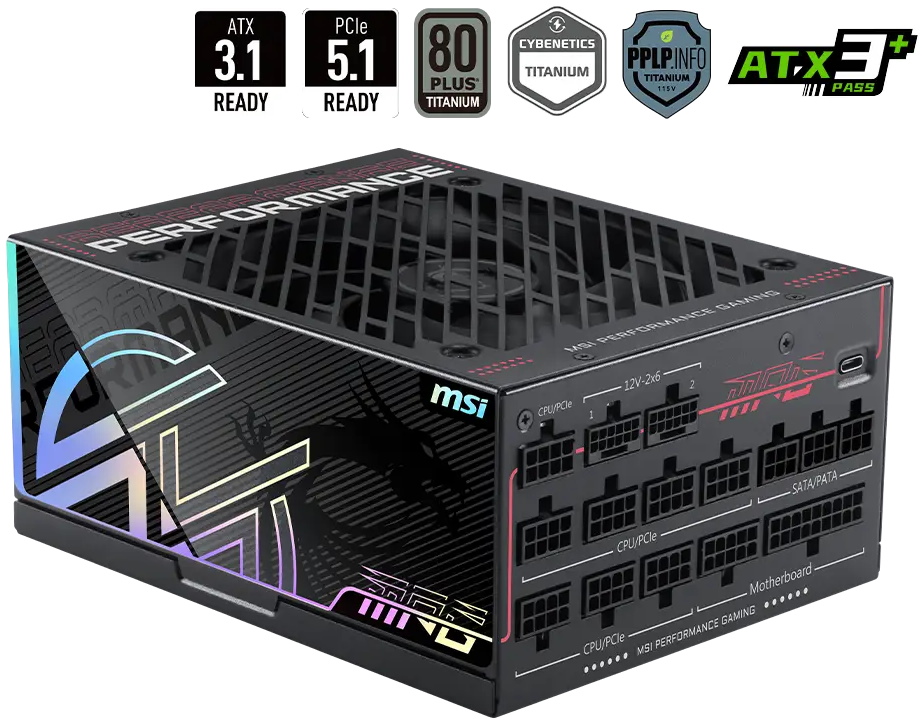 MSI zdroj MPG Ai1300TS PCIE5/ 1300W/ ATX3.1/ akt. PFC/ 12 let záruka/ 120mm ventilátor/ modulární/ 80PLU 306-7ZPUB11-CE0