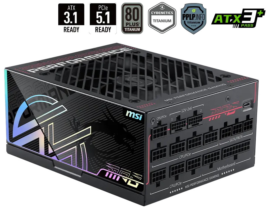 MSI zdroj MPG AI1600TS PCIE5/ 1600W/ ATX3.1/ akt. PFC/ 12 let celk. záruka/ 135mm fan/ modulární kabeláž/ 80PLUS Titani