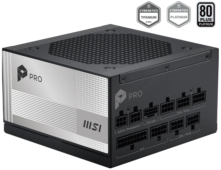 MSI zdroj PRO A1000PL PCIE5/ 1000W/ ATX3.1/ akt. PFC/ 7 let celk. záruka/ 120mm fan/ modulární kabeláž/ 80PLUS Platinum