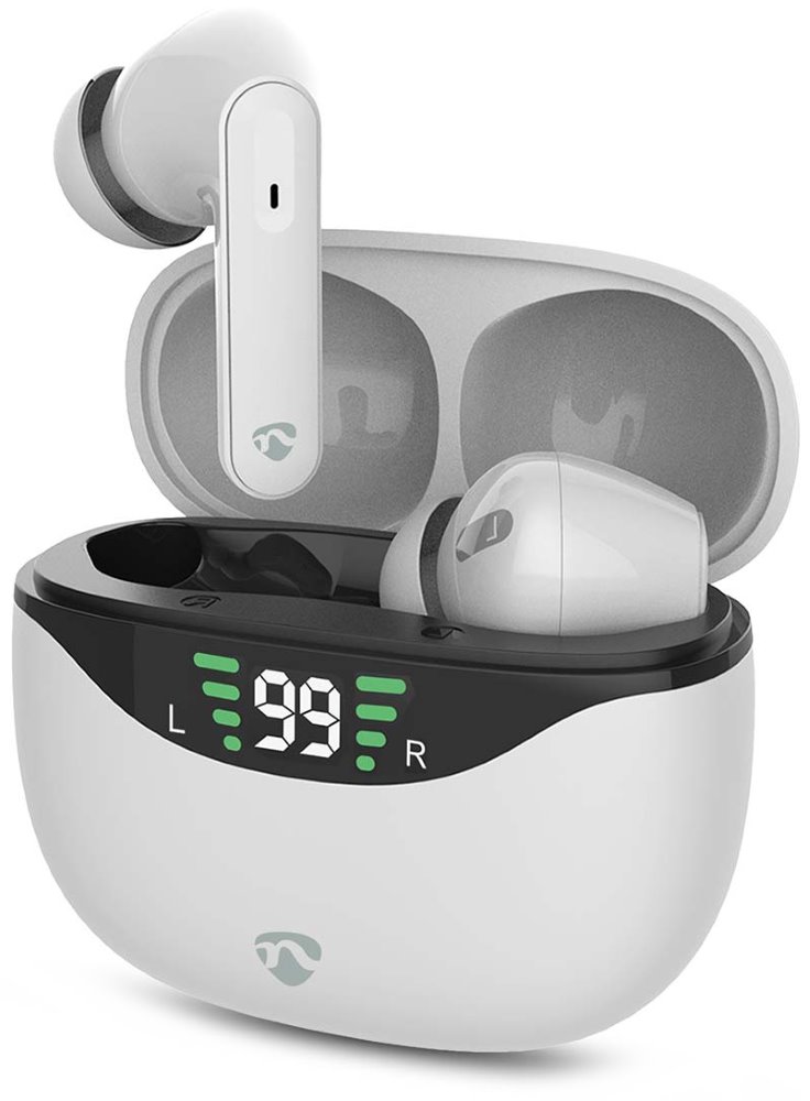 NEDIS bezdrátová sluchátka + mikrofon/ TWS/ BT/ výdrž 30 hod/ 100 dB/ ovládání dotykem/ nabíjecí pouzdro/ USB HPBT2450WT
