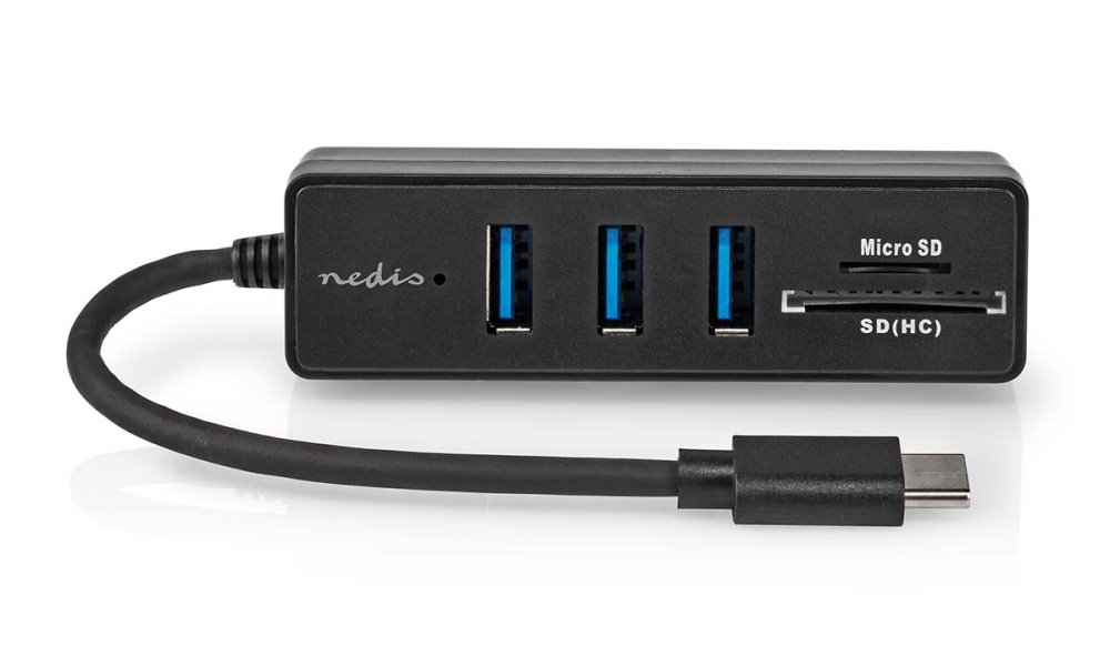 Nedis CCGB64250BK01 - USB hub| 1x USB-C™ | 3x USB A Zásuvka | 5 Portů | USB 3.2 Gen 1 | Napájení z USB | 5 Gbps | SD &