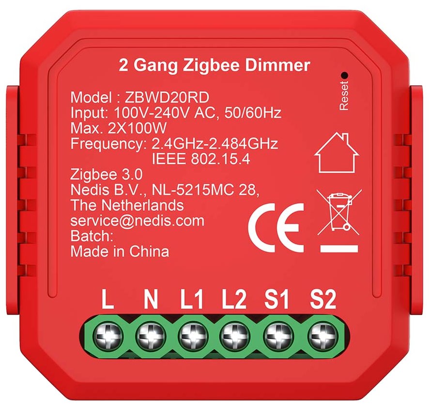 NEDIS chytrý duální spínač osvětlení/ 2x 100W/ připojení terminálu/ Zigbee 3.0/ Android/ iOS/ Nedis® SmartLife/ ZBWD20RD