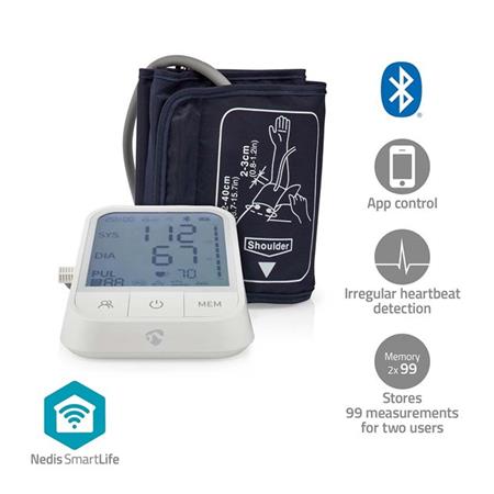 NEDIS chytrý tlakoměr/ Rameno/ Bluetooth/ LCD displej/ detekce nepravidelného srdečního tepu/ detekce nošení m BTHBP10WT