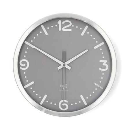 Nedis CLWA7226SS - Nástěnné hodiny | Průměr: 300 mm | Hliník | Rádiem řízený čas | Tichý pohyb | Kov / Šedá