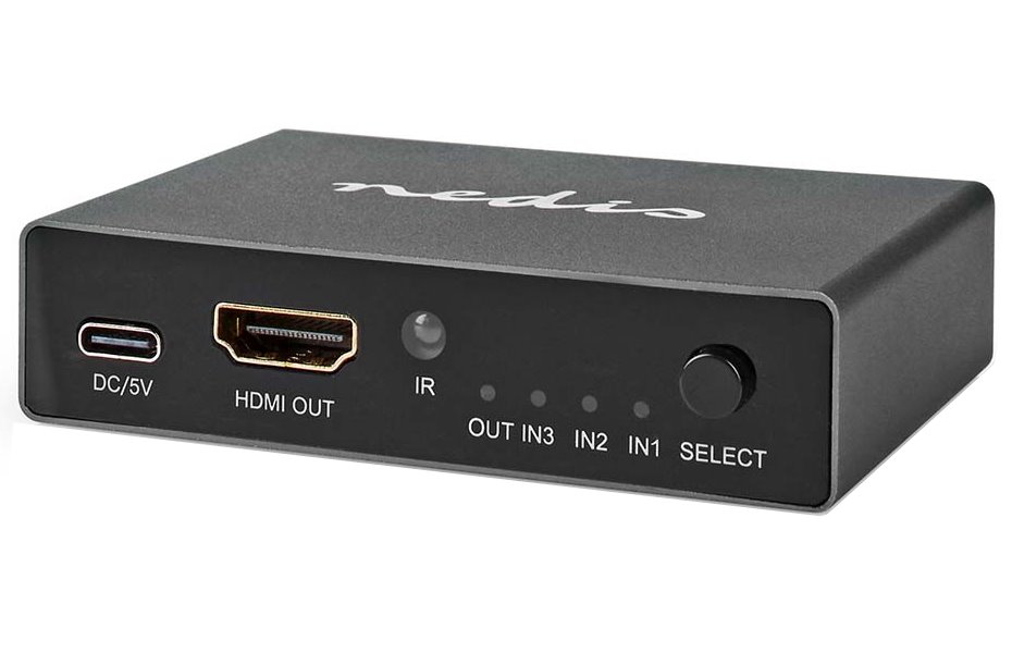NEDIS HDMI přepínač/ 3x HDMI vstup/ 1x HDMI výstup/ 8K@60Hz/ 45 Gbps/ dálkově ovládaní/ hliník/ antracit VSWI3493AT