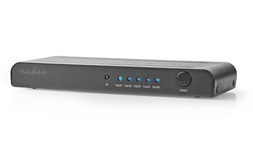 NEDIS HDMI přepínač/ 5x HDMI vstup/ 1x HDMI výstup/ K@60Hz/ 18 Gbps/ dálkově ovládané/ kov/ antracit VSWI3475AT