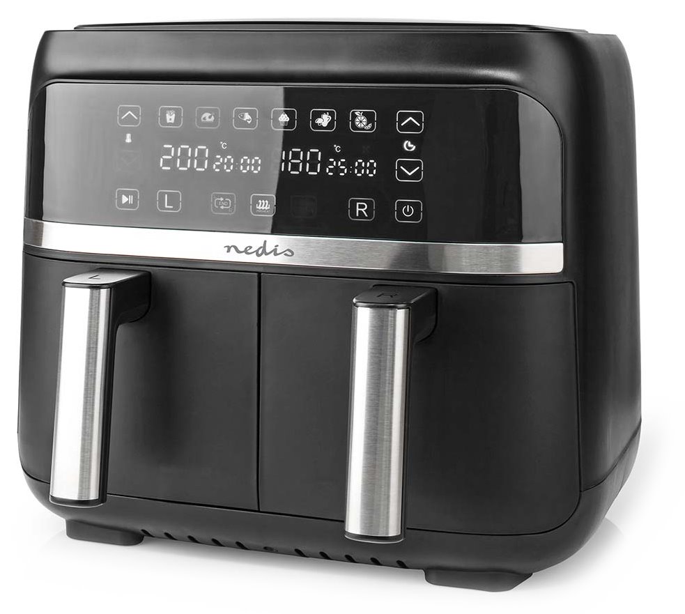 Nedis KAAFD350EBK - Digitální horkovzdušná fritéza | 2x 3,8 L | 60minutový časovač | 6 přednastavených programů