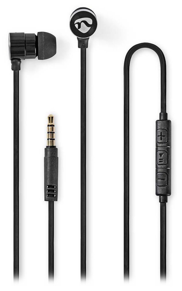 NEDIS kabelová sluchátka + mikrofon/ 3,5 mm jack/ ovládání hlasitosti/ kabel 1,20 m/ černo-stříbrné HPWD5020BK