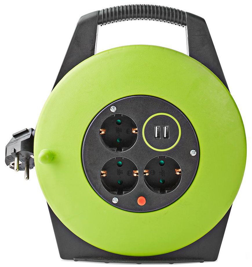 NEDIS kabelový buben/ 3x 1,5 mm2/ 3x zásuvka/ tepelná elektrická pojistka/ Typ F/ USB/ zeleno-černá/ 10 m PECCR10UFGN