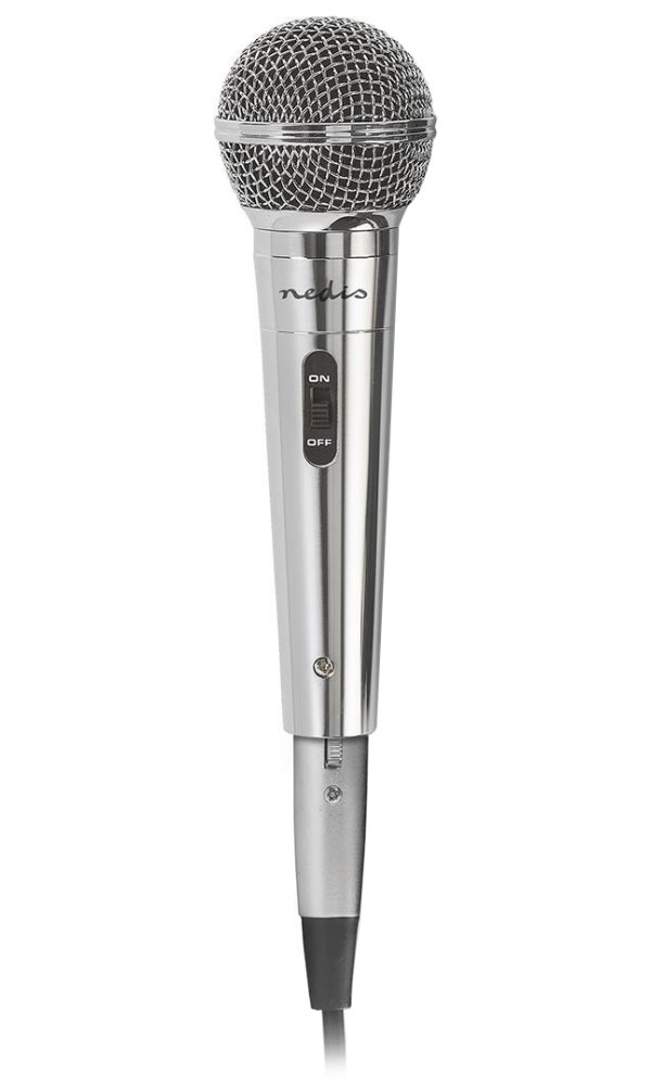 NEDIS kabelový mikrofon/ Kardioid/ odnímatelný kabel 5m/ 600 Ohm/ -72 dB/ jack 6.35 mm/ vypínač/ kov/ stříbrný MPWD45GY