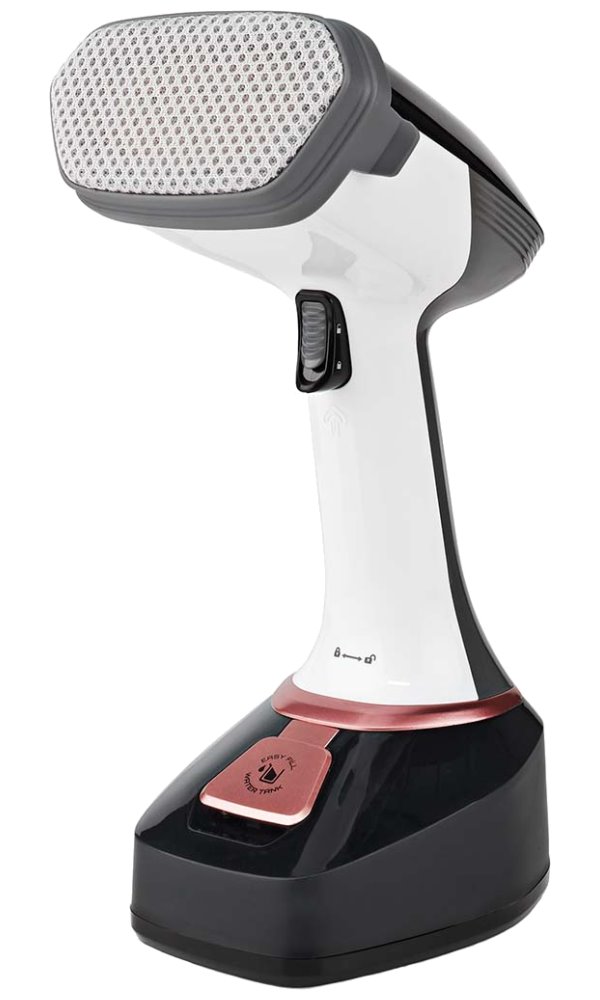 NEDIS napařovač oděvů/ spotřeba 1400 W/ objem vyjímatelné nádržka na vodu 320 ml/ tlak 25 g/m/ černo-růžový HHGS300