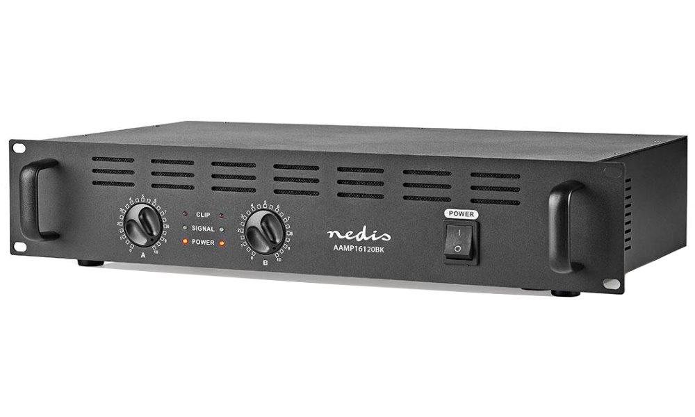 NEDIS PA zesilovač/ RMS 2x 100 W @ 8 Ohm/ 2x 150 W @ 4 Ohm/ 2 kanály/ 2U/ montáž do 19" stojanu/ kov/ černý AAMP16120BK
